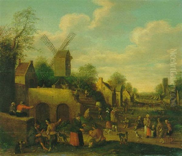 Belebte Hollandische Dorfstrase Mit Bauern, Bettlern, Vornehmem Paar Und Kindern - view 1