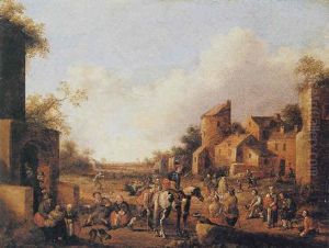 A Village Street Scene With A Horseman And A Beggar, With Other Figures Around