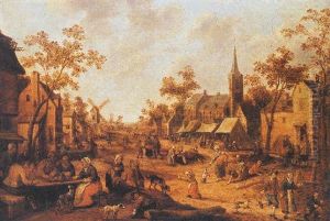 A Village Market Scene With Figures Drinking Before An Inn by Joost Cornelisz. Droochsloot