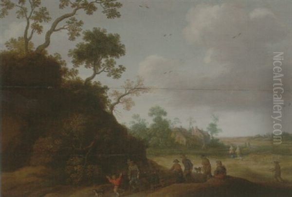 An Open Landscape With Travellers On A Path Beside A Hillock, Houses Beyond - view 1