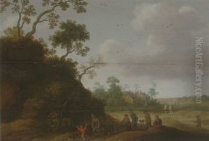An Open Landscape With Travellers On A Path Beside A Hillock, Houses Beyond by Joost Cornelisz. Droochsloot
