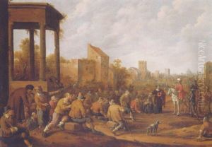 Peasants And Beggars Welcoming A Traveller In A Village Street By A Classical Portico by Joost Cornelisz. Droochsloot