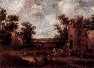 Travellers Resting On A Path In Front Of A Keep