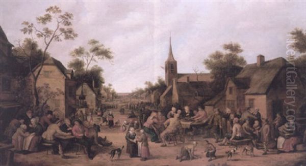 Street Scene With Villagers Feasting And Conversing Outside Their Houses, A Church To The Right With A Crowd - view 1