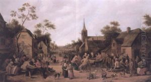 Street Scene With Villagers Feasting And Conversing Outside Their Houses, A Church To The Right With A Crowd by Joost Cornelisz. Droochsloot