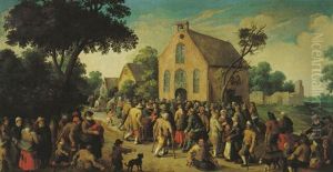 A Village Scene With Peasants Gathering Outside A Church