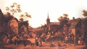 Village Street Scene With Villagers Feasting And Conversing by Joost Cornelisz. Droochsloot