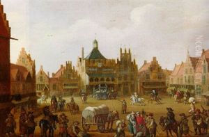 A View Of De Hof In Amersfoort With Cavalrymen And Horses And Wagons, The City Hall Beyond