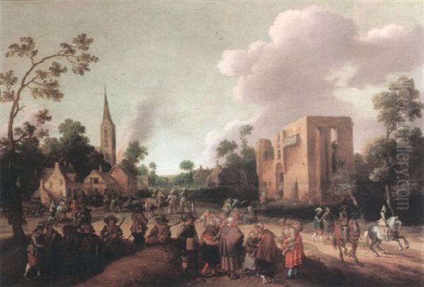 Soldiers Pillaging A Country Village, A Church In Flames In The Distance - view 1