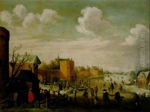 A Winter Landscape With Kolf Players, Skaters And Other Figures By A Walled Town by Joost Cornelisz. Droochsloot