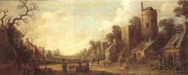 A Village Street With Numerous Figures Conversing And Children Playing, Landscape Beyond - view 1