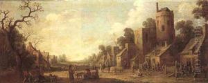A Village Street With Numerous Figures Conversing And Children Playing, Landscape Beyond