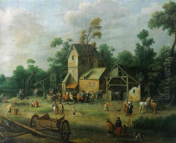 Boors Seated At Table In A Farmyard With Elegant Travellers Nearby - view 1