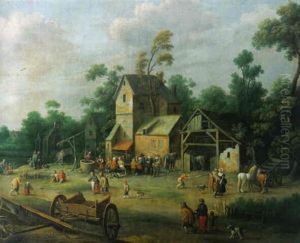 Boors Seated At Table In A Farmyard With Elegant Travellers Nearby
