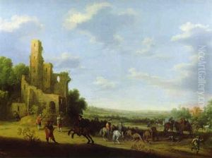 Weite Hollaendische Duenenlandschaft Mit Ruinen Und Einem Ueberfall Von Reitern Auf Reisende