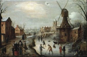 Paysage A La Riviere Gelee, Patineurs Et Moulin by Joost Cornelisz. Droochsloot