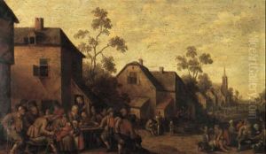 Village Scene With Figures Eating And Playing by Joost Cornelisz. Droochsloot