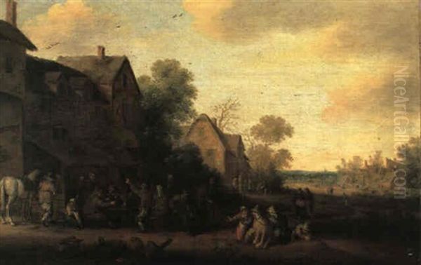 Villagers Seated Outside A Tavern Drinking - view 1