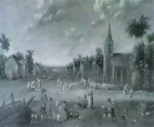 Bauerliches Genrebild Eines Niederlandischen Dorfplatzes    Mit Kirche