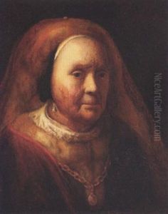 An Elderly Woman Wearing A Yellow-brown Fur Dress With White Collar, A Red Cloak, Pearl Earrings, A Golden Chain And A Veil