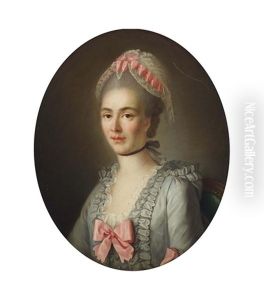 Portrait Of A Lady, Half-length, Wearing A Blue Dress With Pink Ribbons And A White Lace Cap
