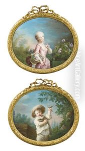 Mademoiselle Betzy Cueillant Des Roses Et Un Enfant Tenant Un Nid D'oiseau (pair)