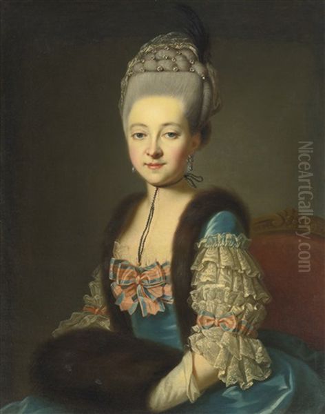 Portrait Of A Young Lady, In A Blue Silk Dress With Fur Trim And Muff - view 1