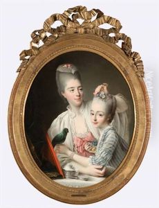 Portrait D'une Dame De Qualite Coiffant Sa Fille Accompagnee De Son Perroquet