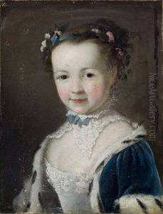 Ritratto Di Bambina A Mezzo Busto, Con Abito Azzurro Bordato D"ermellino E Fiori Tra I Capelli