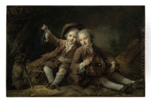 The Children Of The Duc De Bouillon Dressed As Montagnards; One Playing A Hurdy-gurdy, The Other Playing With A Marmot On A Ribbon by Francois Hubert Drouais