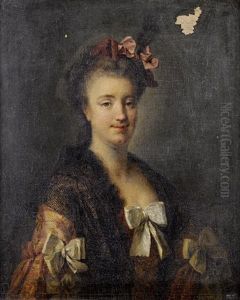 Portrait Of A Lady In A Pink Embroidered Silk Dress And A Black Lace Shawl, A Pink Ribbon In Her Hair by Francois Hubert Drouais