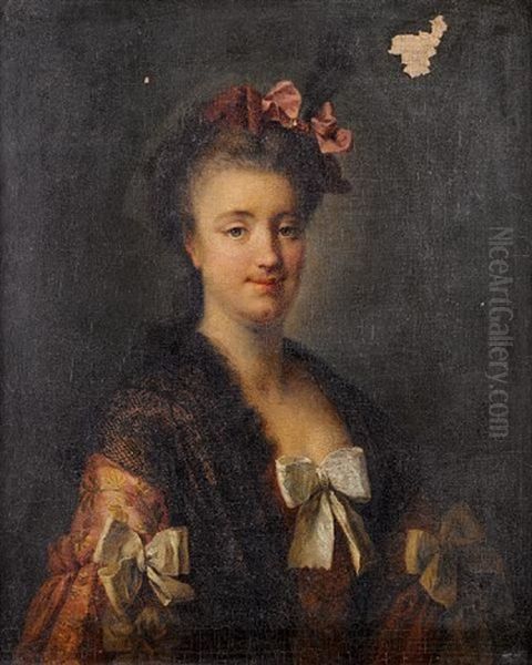 Portrait Of A Lady, In A Pink Embroidered Silk Dress And A Black Lace Shawl, A Pink Ribbon In Her Hair - view 1