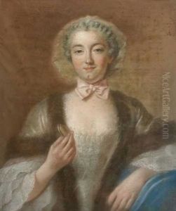 Portrait De Femme A La Robe Bordee De Fourrure, Tenant Un Etui A La Main by Francois Hubert Drouais