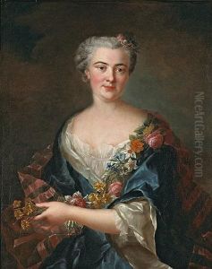 A Portrait Of The Comtesse De Beaumont Holding Flowers by Francois Hubert Drouais