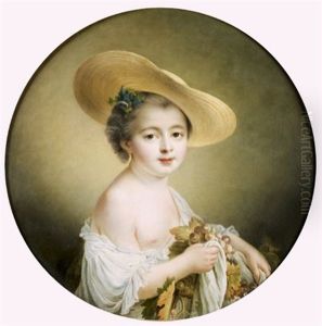 Portrait D'une Jeune Fille Au Chapeau De Paille Tenant Des Grappes De Raisin by Francois Hubert Drouais