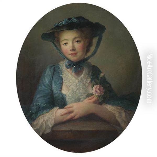 Portrait Of A Young Girl, Half Length, In A Blue Dress And Hat, Holding Roses - view 1