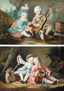 Portrait Of Two Children, One Holding A Lute And The Other Leading A Rat On A Ribbon: Children Of The Duc De Bouillon? (+ Portrait Of Two Children; Pair) by Francois Hubert Drouais