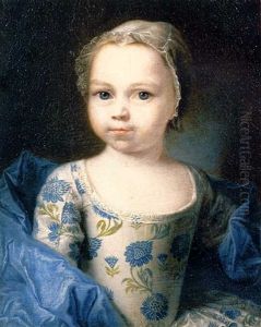 Portrait Of A Young Girl, Small Half-length, In A White Silk Dress With A Blue Floral Pattern And A Blue Silk Shawl, With A Lace Headdress by Francois Hubert Drouais