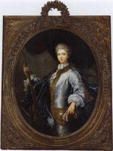 Portrait Of A Lady In A Pale Blue Dress With Gold Brocade And A Blue Wrap, A Gun In Her Right Hand, A Diamond Crescent Moon In Her Hair by Francois Hubert Drouais