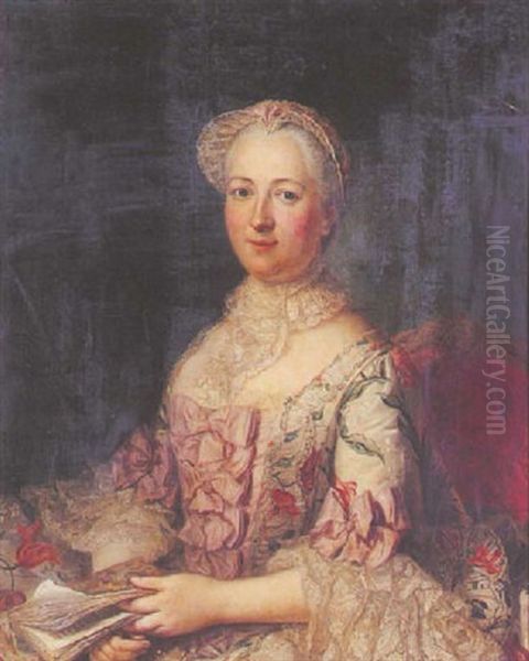 Portrait De Femme A La Robe De Dentelle Tenant Un Livre - view 1