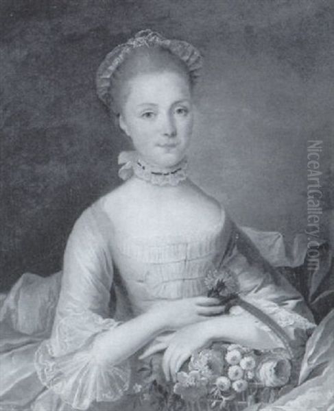 Portrait De Jeune Femme Tenant Un Panier De Fleurs - view 1