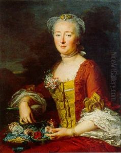 Portrait De Femme Tenant Des Fleurs by Francois Hubert Drouais