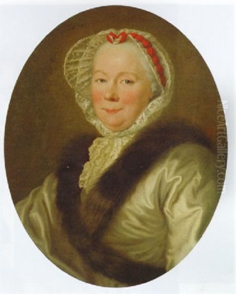 Portrait Of A Lady In A White Gown With A Fur Collar And A Lace Bonnet - view 1