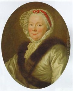 Portrait Of A Lady In A White Gown With A Fur Collar And A Lace Bonnet