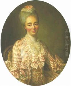 Portrait Of A Lady (yvonette Moulin De La Raciniere?) In A Pink And White Striped Dress With Lace Trimmings