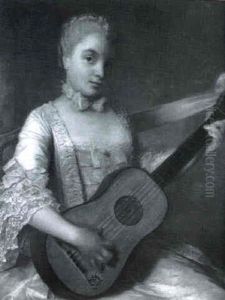 Portrait Of A Lady In A White Dress Playing A Guitar by Francois Hubert Drouais