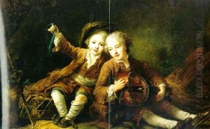 The Children Of The Duc De Bouillon Dressed As Montagnards, One Playing A Hurdy-gurdy And The Other A Marmot On A Ribbon by Francois Hubert Drouais