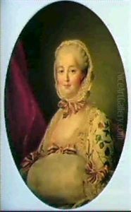 Portrait Of Madame De Pompadour Seated, Half-length, Wearinga Floral Dress With Lace Bonnet And Decorative Ribbons by Francois Hubert Drouais