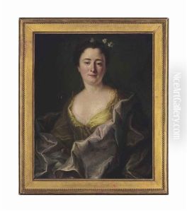 Portrait Of A Lady, Half-length, In A Lace-trimmed Green Dress With A Silver Wrap And Flowers In Her Hair Portrait Of A Lady, Half-length, In A Lace-trimmed Green Dress With A Silver Wrap And Flowers In Her Hair