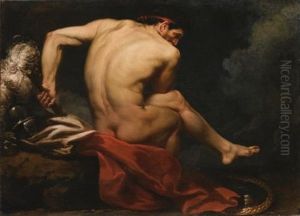 A Naked Warrior, Seated On A Rock Beside His Shield And Plumed Helmet by Jean Germain Drouais